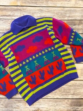 Vintage 80s Southwest Vibrant Grapic Collared Sweater